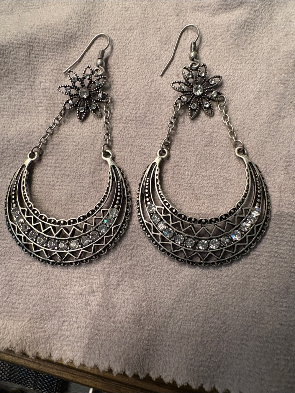 Silver Floral Crescent Drop Earrings - Elegant Women Jewelry